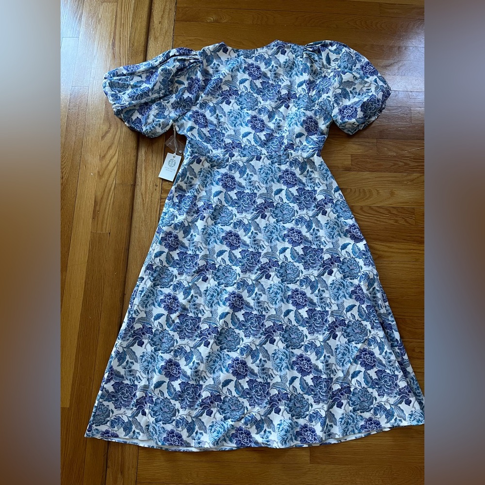 NWT Hyacinth House Blue Floral Puff-Sleeve Midi Dress - Picture 9 of 9